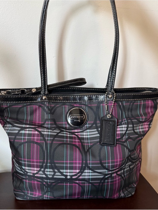 Coach Handbags - Coach Plaid Logo Tote in Black and Purple